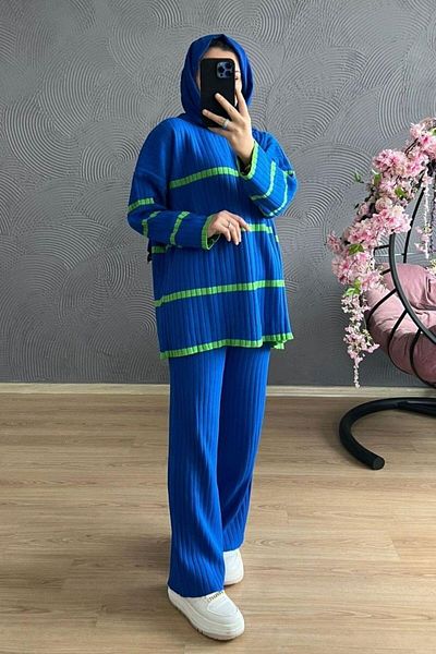 Şule Giyim Blue Two-Color Knitwear Set