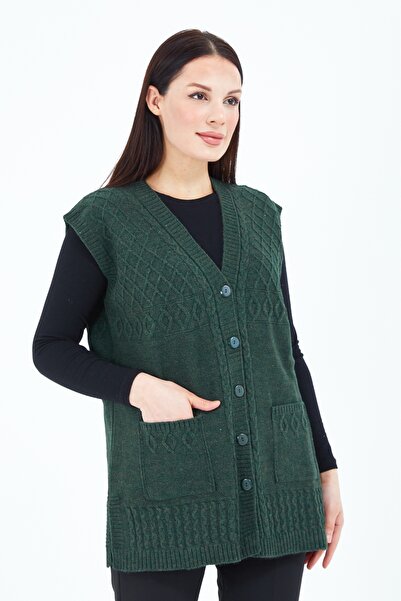 Elçelya Moda Kadın Haki Yeşil V Yaka Düğmeli Cepli Örgü Yün Anne Triko Yelek