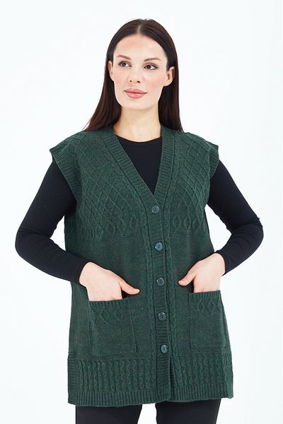 Elçelya Moda Women's Khaki Green V-Neck Buttoned Pocket Knitted Wool Mother Knitwear Vest