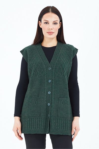 Elçelya Moda Women's Khaki Green V-Neck Buttoned Pocket Knitted Wool Mother Knitwear Vest