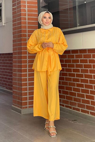 Şule Giyim Jewelled Front Trousers Set Orange