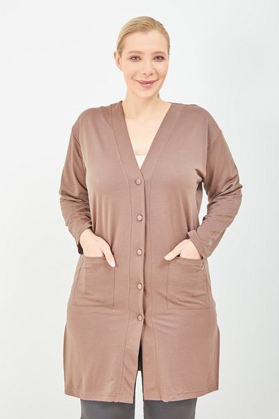 Elçelya Moda Cardigan de damă din bumbac pieptănat lung, cu nasturi, cu buzunare
