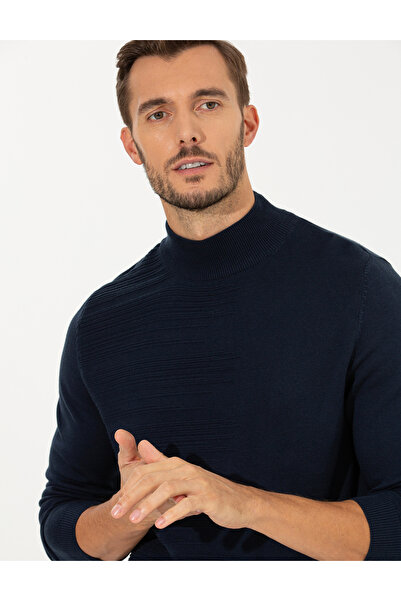 Pierre Cardin Navy Blue Melange Slim Fit Half Turtleneck Sweater 50258797-Vr120