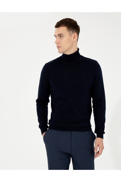 Pierre Cardin Albastru bleumarin slim fit Pulover cu gât roșu basic Pulover t...