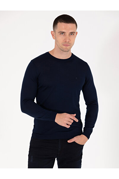 Pierre Cardin Navy Blue Slim Fit Crew Neck Wool Blended Basic Knitwear Sweater 50257301-Vr033
