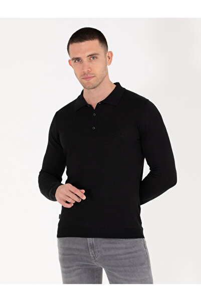 Pierre Cardin Siyah Slim Fit Polo Yaka Yün Karışımlı Basic Triko Kazak 502573...