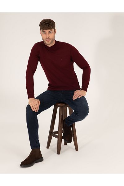 Pierre Cardin Claret Red Slim Fit Half Turtleneck Wool Blended Basic Knitwear Sweater 50257313-Vr030