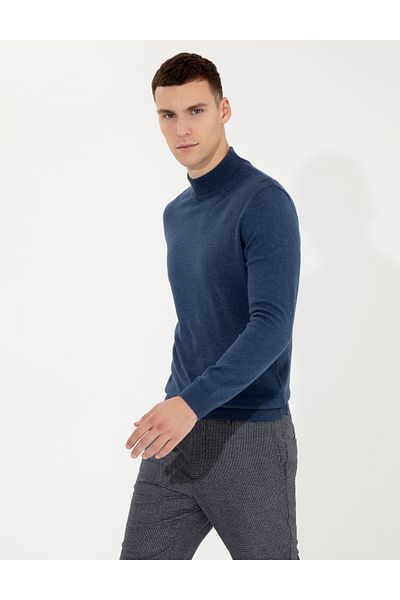 Pierre Cardin İndigo Melange Slim Fit Half Turtleneck Basic Πλεκτό Πουλόβερ 50256965-vr155