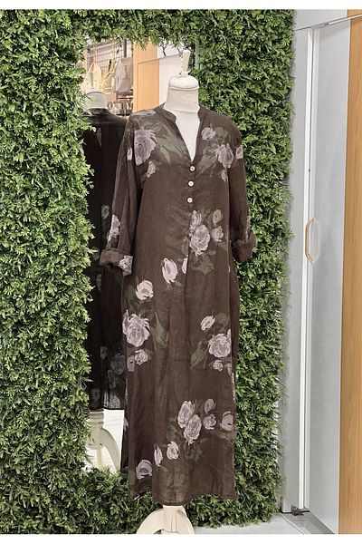 QASHMİR Italian Linen Long Dress - Floral Pattern, Dark Brown