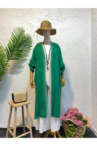 QASHMİR قبعة نسائية من الكتان الإيطالي بغطاء رأس بتفاصيل دانتيل - أخضر