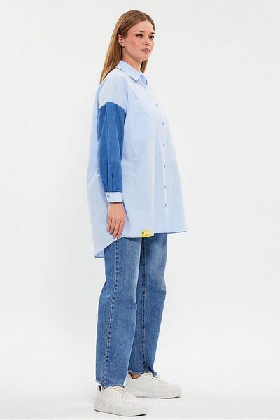 QASHMİR Blue Cotton Tunic - Denim Detailed