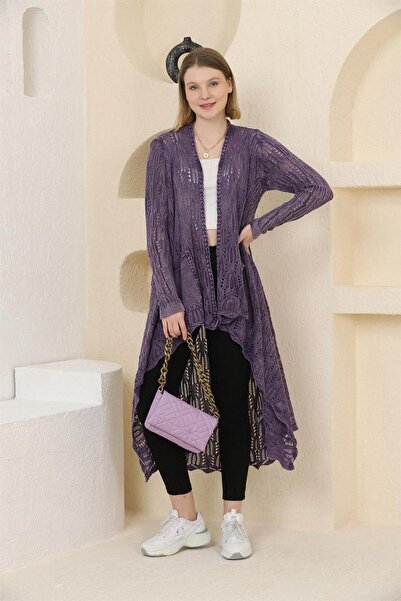 QASHMİR Kadın Asimetrik Kesim Etnik Yıkamalı Pamuk Hırka - Mor