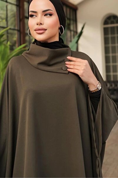 Lisinya Stylish Designed Khaki Shawl Collar Poncho with Button Detail