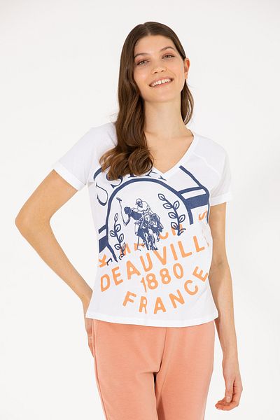 U.S. Polo Assn. Tricou alb de damă cu decolteu în V 50262952 -VR013