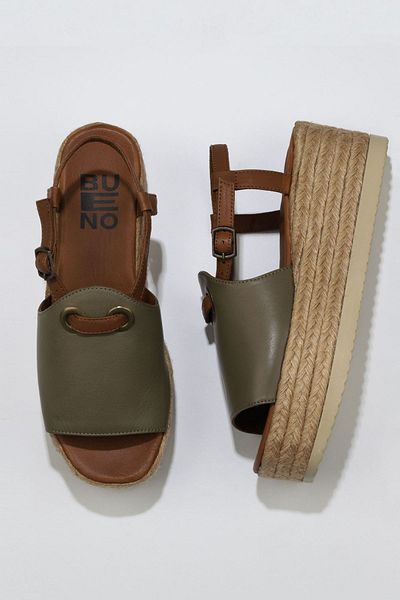 Bueno Shoes Дамски сандали еспадрили в зелено-кафяво - с танкетка, кожа 01wu6103