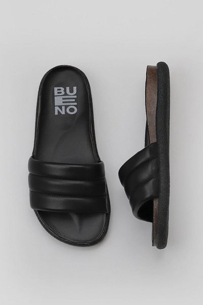 Bueno Shoes Черни кожени дамски чехли - плосък дизайн 01wu4710