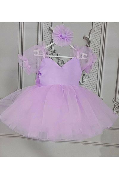 ELLUSSİ Girl's Lilac Short Balloon Sleeve Puffy Dress