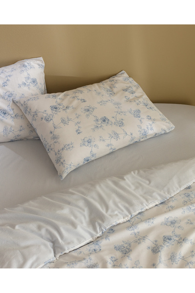 Madame Coco Tiny Double 100% Cotton Ranforce Elastic Printed Duvet Cover Set - Blue