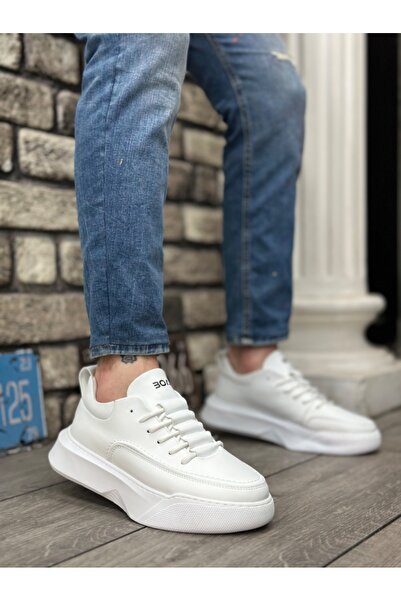 BOA BA0332 Ladder Pattern Lace-Up Men's High Sole White Skin Sports Shoes