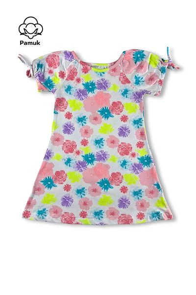 difa kids Colorful Flower Patterned Comfortable Summer Girl's Dress with Balloon Sleeves