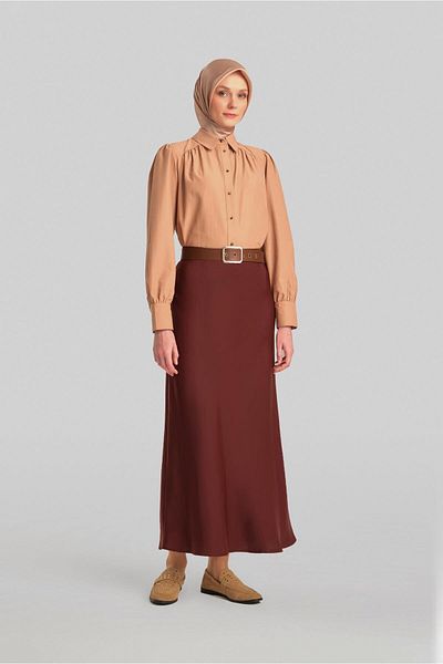 Armine Bitter Brown Satin Skirt - Ort1534 Model