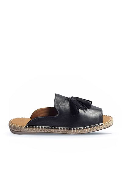 BUENO Shoes Siyah Deri Kadın Espadril Terlik 01wj0311