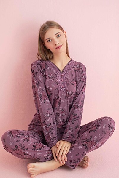 PİJAMERRY Set de pijamale cu mânecă lungă pentru femei Pijamerry, guler din d...