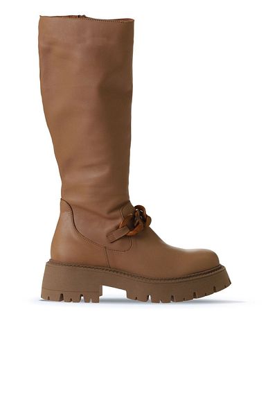 Bueno Shoes Tan γυναικείες δερμάτινες φλατ μπότες - 01wv3119