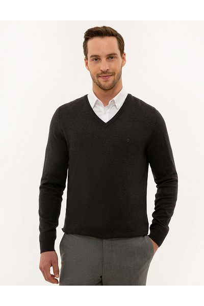 Pierre Cardin V-Neck Slim Fit Anthracite Melange Sweater -50229214-vr081