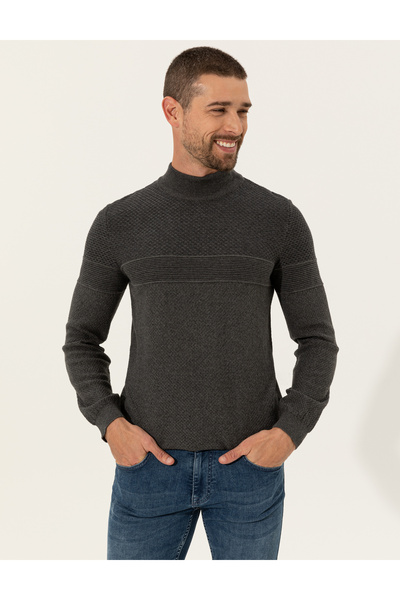 Pierre Cardin Gri Melanj Slim Fit Yarım Balıkçı Yaka Triko Kazak 50241465-vr086