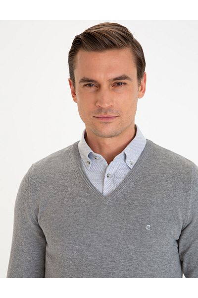 Pierre Cardin V-Neck Slim Fit Gray Sweater - 50229214 -Vr086