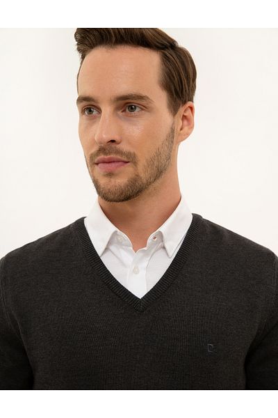 Pierre Cardin V-Neck Slim Fit Anthracite Melange Sweater -50229214-vr081