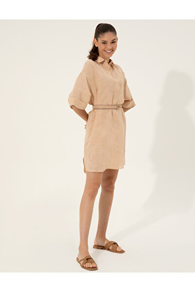 Pierre Cardin Beige Linen Blend A-Line Shirt Dress 50247236-Vr011