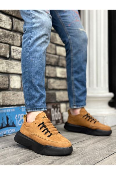 BOA BA0332 Ladder Pattern Lace Up Men's High Sole Tan Suede Black Sole Sports Shoes