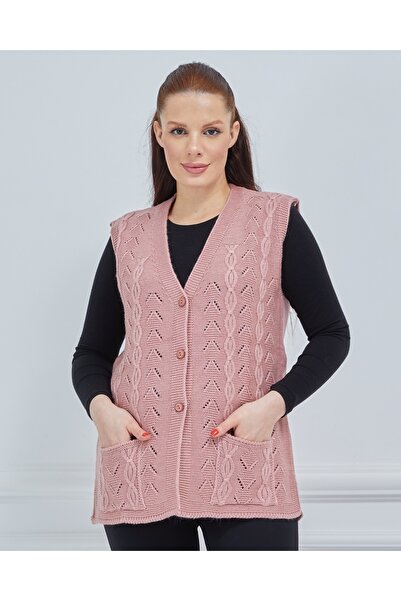 Elçelya Moda Ženski pleteni vuneni prsluk sa V-izrezom, lančićima i džepovima