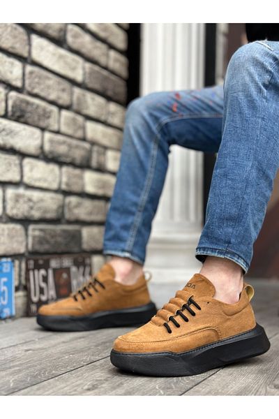 BOA BA0332 Ladder Pattern Lace Up Men's High Sole Tan Suede Black Sole Sports Shoes