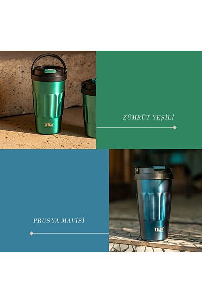 Tyeso Coffe Mug Vakumlu Paslanmaz Çelik Taşıma Kulplu 400 ml Mavi