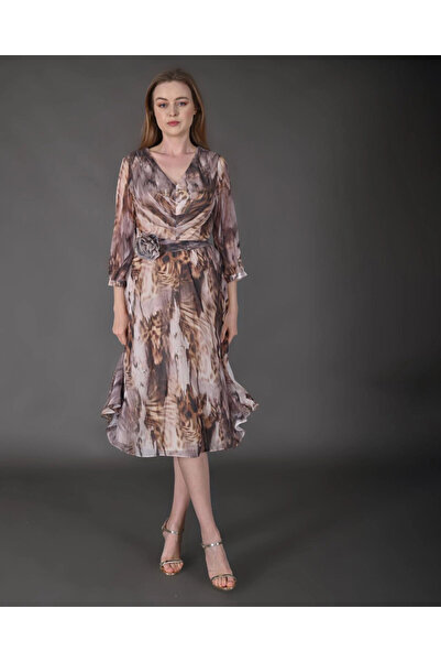 MODATALİKA Modatalika Kadın Midi Boy Şifon Desenli Truvakar Kol Yeni Sezon Elbise