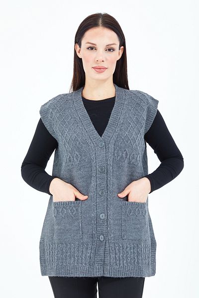 Elçelya Moda Γυναικείο πλεκτό μάλλινο πλεκτό γιλέκο με γκρι V λαιμόκοψη με κουμπιά
