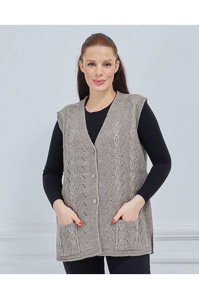 Elçelya Moda Дамски лек плетен жилет от норка с V-образно деколте и верижка, плетен с джобове и вълна за майки