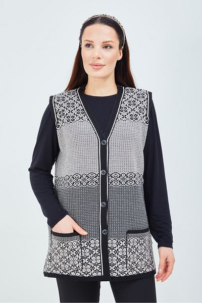 Elçelya Moda Model alb-negru - Vestă de iarnă pentru femei cu buzunare cu nasturi