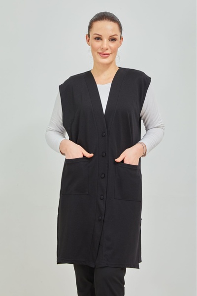 Elçelya Moda Women's Black Long Pocket Buttoned Combed Cotton Mother Plus Size Tunic Vest