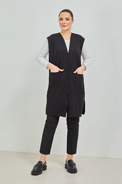 Elçelya Moda Women's Black Long Pocket Buttoned Combed Cotton Mother Plus Size Tunic Vest