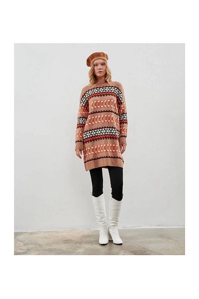 MODATALİKA Modatalika Women's Long Sleeve Plain and Pattern Combination Oversize Knitwear Tunik