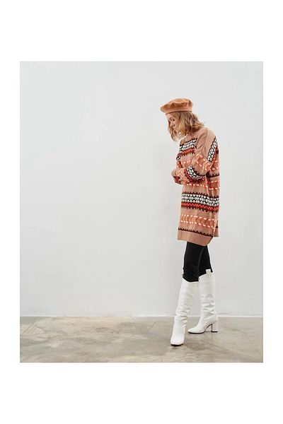 MODATALİKA Modatalika Women's Long Sleeve Plain and Pattern Combination Oversize Knitwear Tunik