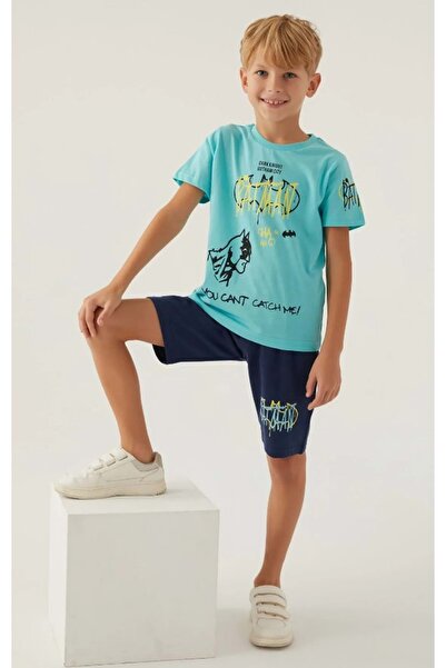 Batman Licensed L1700 Gotham T-Shirt and Shorts Bottoms Top Boy's Kit Turquoise
