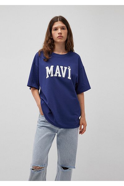 Mavi Marineblaues T-Shirt mit Logo-Print, Übergröße/weiter Schnitt 1600843-70722