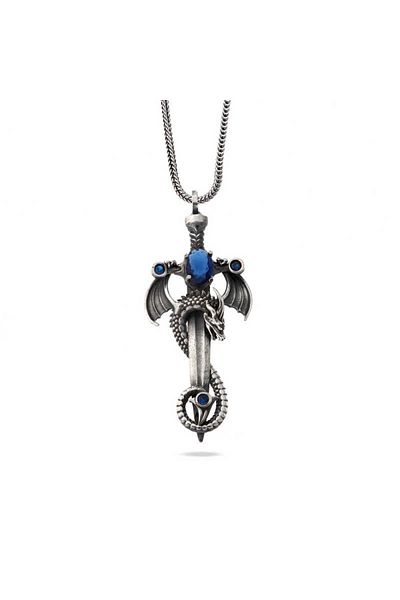 ECOME 925 Sterling Silver Sapphire Stone Dragon Men's Sword Necklace