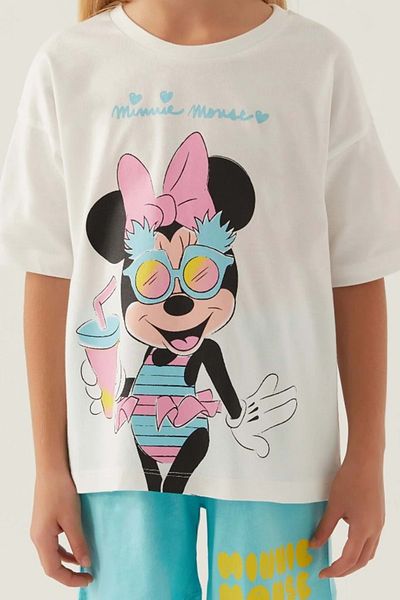 Minnie Mouse طقم تي شيرت وشورت بناتي مرخص D4888 - كريمي
