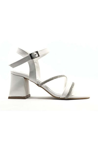 Kids Club Shoes Mehtap Stripe Stone Detailed 8 cm Toc Pantofi de seară de damă ALBI